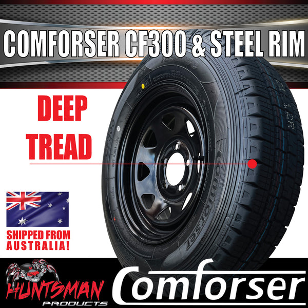 14x6 & 195R14C Sunraysia Black HT Trailer Caravan Wheel Rim & Comforser CF300 Tyre 195 14