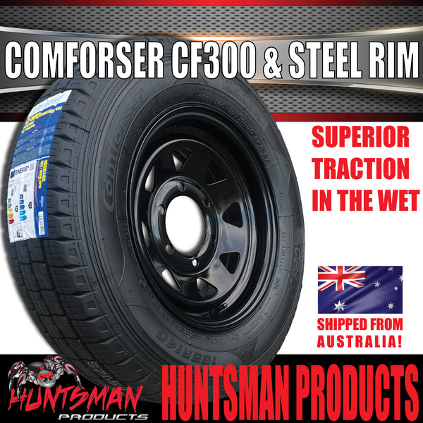 14x6 & 195R14C Sunraysia Black Caravan Trailer 6 Stud Wheel Rim & Comforser CF300 Tyre 6/139.7 195 14