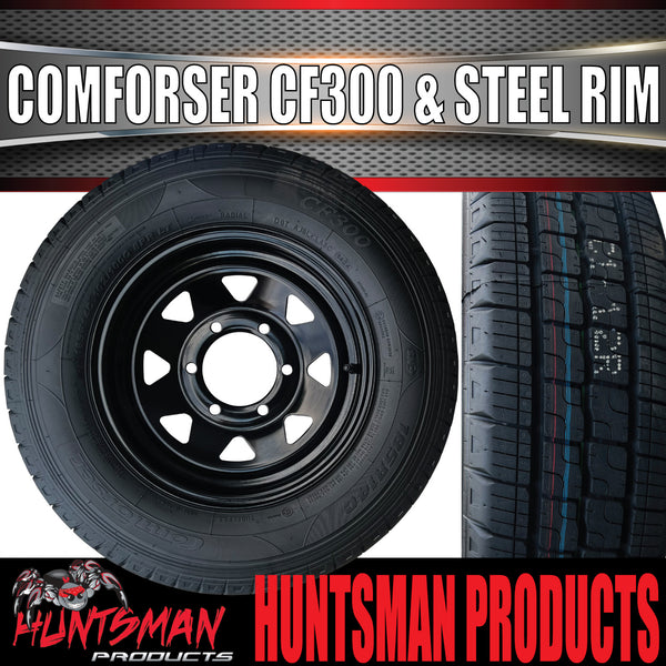 14x6 & 195R14C Sunraysia Black Caravan Trailer 6 Stud Wheel Rim & Comforser CF300 Tyre 6/139.7 195 14