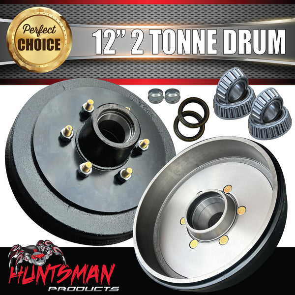 12" 2 Tonne 6 Stud Electric Trailer Brake Drums & Bearings. Caravan Huntsman, Alko Style