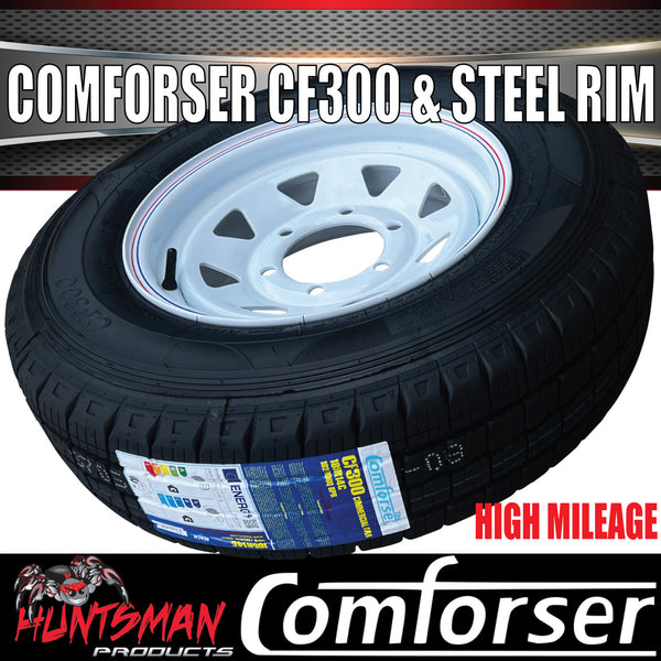 14x6 & 185R14C LT Trailer Caravan Sunraysia White 6 Stud Wheel Rim & Comforser CF300 Tyre