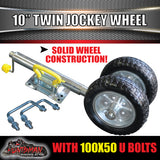 Twin Wheel 10" Trailer Caravan Jockey Wheel 1600kg Swing Up Solid wheels + U Bolts Suit 100x50mm Frame